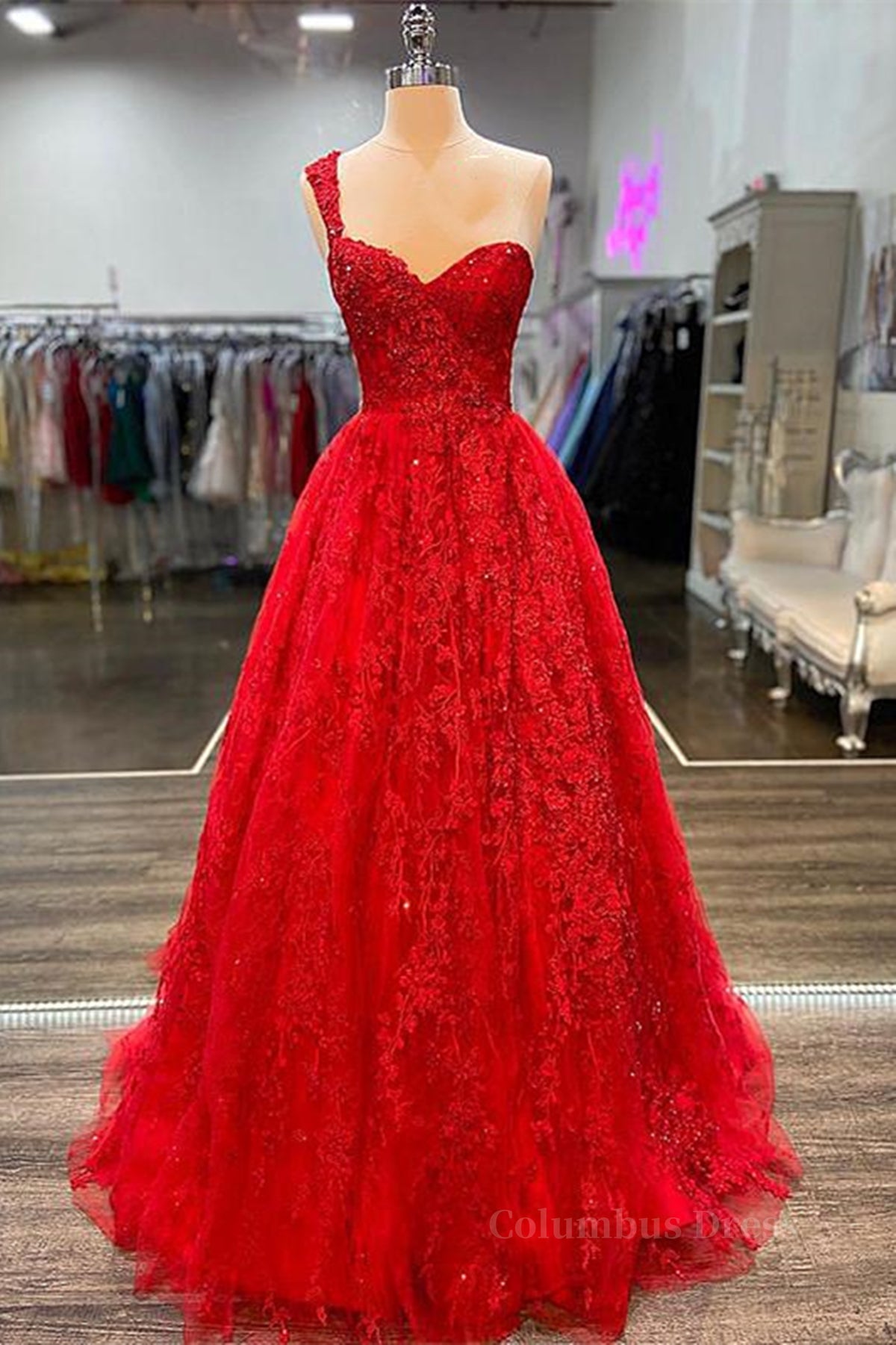 One Shoulder Red Lace Corset Prom Dresses, One Shoulder Red Lace Corset Formal Evening Dresses outfit, Formal Dresses For Weddings Guest