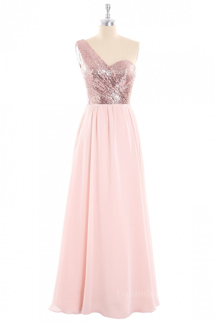 One Shoulder Rose Gold Sequin and Chiffon Long Corset Bridesmaid Dress outfit, Fashion Dress