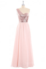 One Shoulder Rose Gold Sequin and Chiffon Long Corset Bridesmaid Dress outfit, Fashion Dress