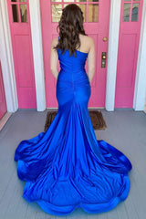 One Shoulder Royal Blue Mermaid Corset Prom Dress with Slit Gowns, One Shoulder Royal Blue Mermaid Prom Dress with Slit