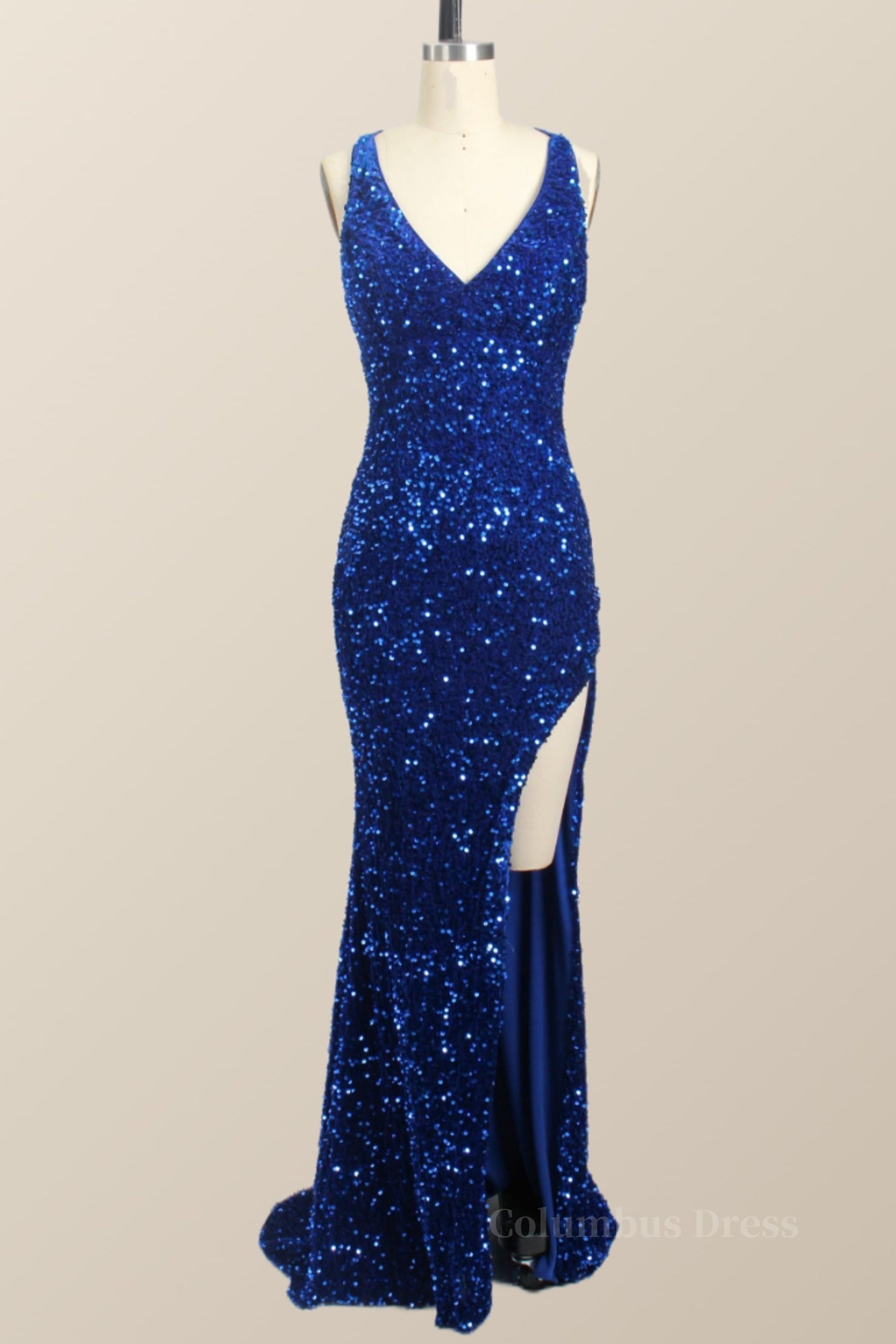 One Shoulder Royal Blue Sequin Slit Long Corset Prom Dress outfits, Formal Dresses Long Blue