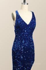 One Shoulder Royal Blue Sequin Slit Long Corset Prom Dress outfits, Formal Dress For Party Wear