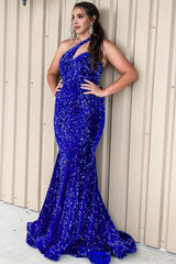 One Shoulder Royal Blue Sparkly Mermaid Sequins Long Corset Prom Dress outfits, One Shoulder Royal Blue Sparkly Mermaid Sequins Long Prom Dress
