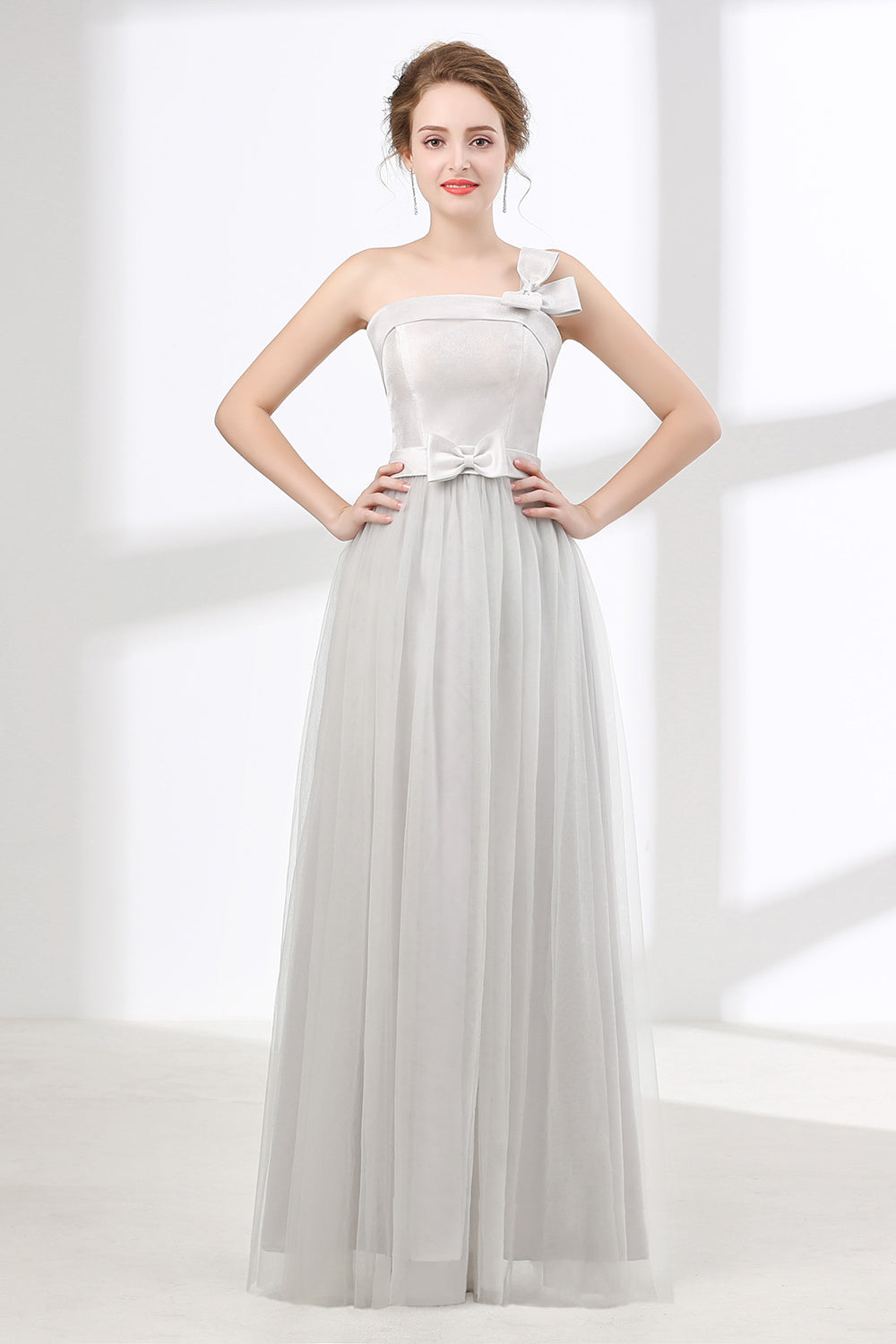 One Shoulder Soft Gray Floor Length Corset Prom Dresses outfit, Dream Dress