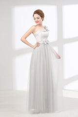 One Shoulder Soft Gray Floor Length Corset Prom Dresses outfit, Long Formal Dress