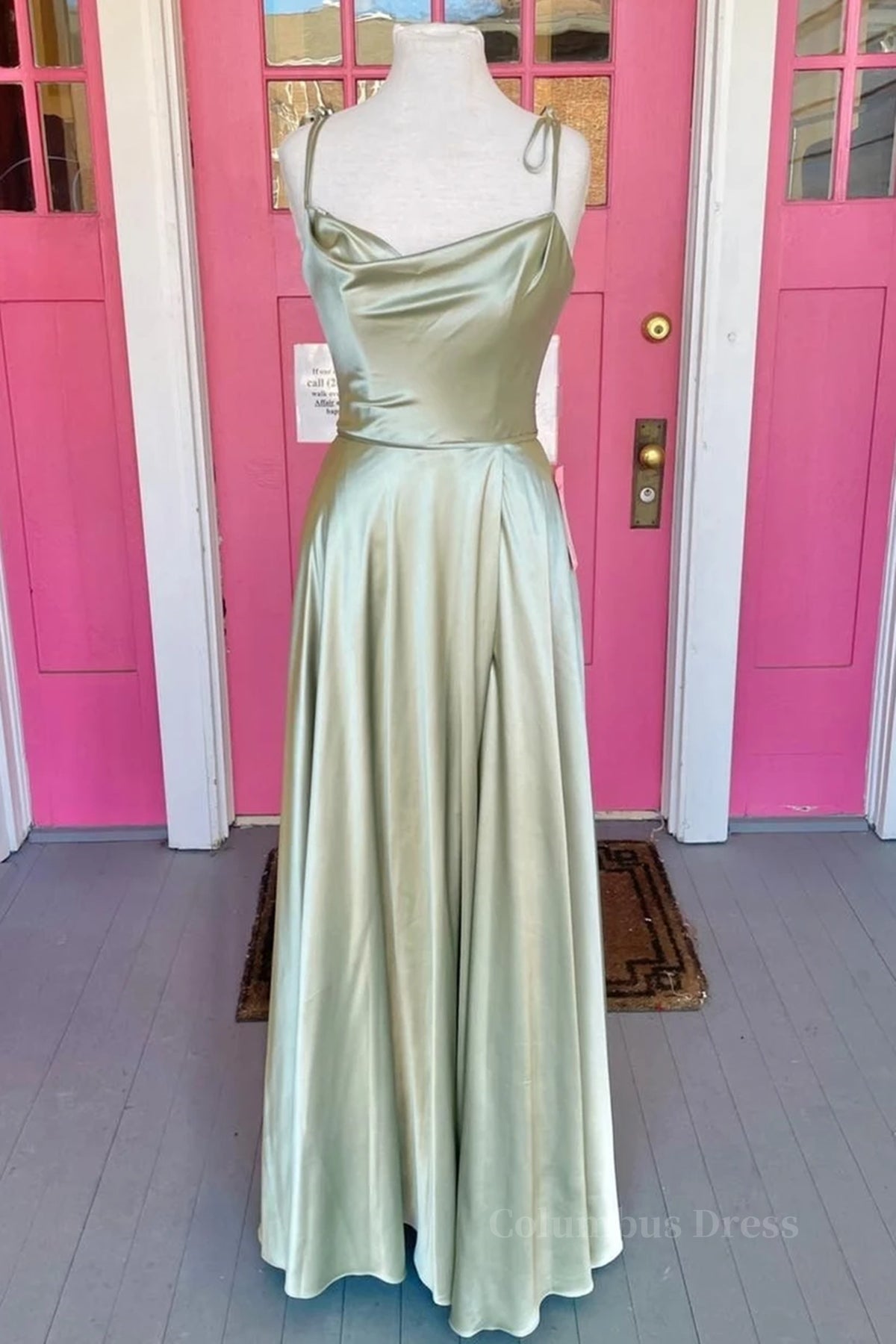 Open Back Sage Satin Long Corset Prom Dress with High Slit, Long Sage Corset Formal Graduation Evening Dress outfit, Bridesmaid Dresses Blues