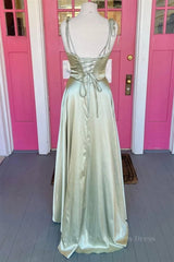 Open Back Sage Satin Long Corset Prom Dress with High Slit, Long Sage Corset Formal Graduation Evening Dress outfit, Bridesmaids Dress Blue