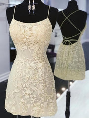 Open Back Short Yellow Lace Corset Prom Dresses, Short Backless Yellow Lace Corset Formal Corset Homecoming Dresses outfit, Bachelorette Party