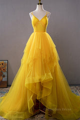 Open Back V Neck High Low Yellow Tulle Long Corset Prom Dress, High Low Yellow Corset Formal Evening Dress outfit, Bridesmaids Dress Blush