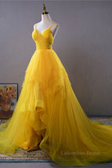 Open Back V Neck High Low Yellow Tulle Long Corset Prom Dress, High Low Yellow Corset Formal Evening Dress outfit, Bridesmaid Dresses Blushes