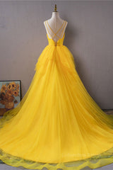 Open Back V Neck High Low Yellow Tulle Long Corset Prom Dress, High Low Yellow Corset Formal Evening Dress outfit, Bridesmaid Dress Blushes