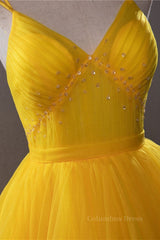 Open Back V Neck High Low Yellow Tulle Long Corset Prom Dress, High Low Yellow Corset Formal Evening Dress outfit, Bridesmaid Dressed Blush