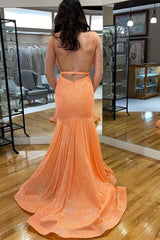 Orange Backless Sequins Mermaid Corset Prom Dress outfits, Orange Backless Sequins Mermaid Prom Dress