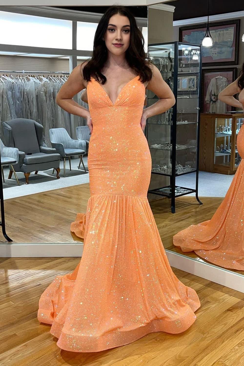 Orange Backless Sequins Mermaid Corset Prom Dress outfits, Orange Backless Sequins Mermaid Prom Dress