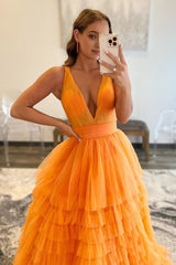 Orange Deep V-Neck Tiered Corset Prom Dress outfits, Orange Deep V-Neck Tiered Prom Dress