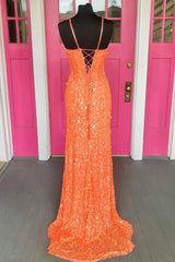 Orange Lace-Up Sequins Corset Prom Dress with Slit Gowns, Orange Lace-Up Sequins Prom Dress with Slit