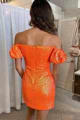 Orange Off the Shoulder Sequins Tight Corset Homecoming Dress with Slit Gowns, Orange Off the Shoulder Sequins Tight Homecoming Dress with Slit