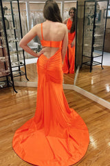 Orange One Shoulder Mermaid Corset Prom Dress with Hollow-Out Back Gowns, Orange One Shoulder Mermaid Prom Dress with Hollow-Out Back