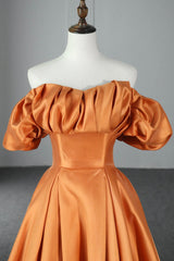 Orange Satin A-Line Floor Length Corset Prom Dress, Off the Shoulder Evening Party Dress Outfits, Prom Dressed Black