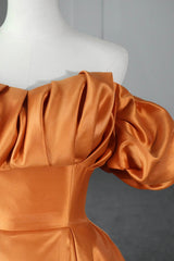 Orange Satin A-Line Floor Length Corset Prom Dress, Off the Shoulder Evening Party Dress Outfits, Prom Dresses 2030 Short