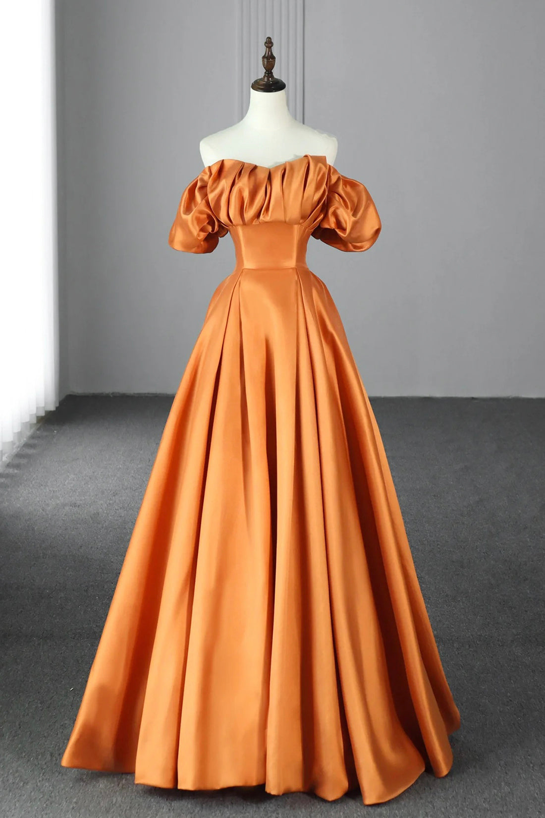 Orange Satin A-Line Floor Length Corset Prom Dress, Off the Shoulder Evening Party Dress Outfits, Prom Dress Black