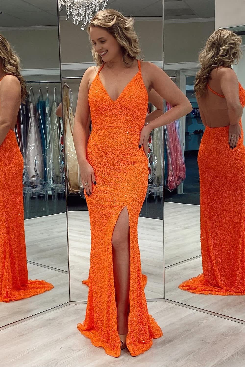 Orange Sequins Backless Corset Prom Dress with Slit Gowns, Orange Sequins Backless Prom Dress with Slit