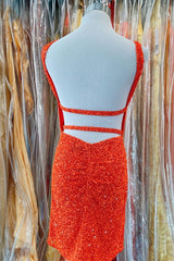 Orange Sequins Cross Front Bodycon Mini Party Dresses outfit, Homecoming Dresses Short Tight