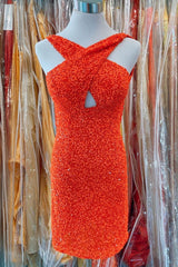 Orange Sequins Cross Front Bodycon Mini Party Dresses outfit, Homecoming Dresses Green
