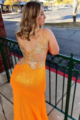 Orange Sequins Mermaid Corset Prom Dress with Slit Gowns, Orange Sequins Mermaid Prom Dress with Slit
