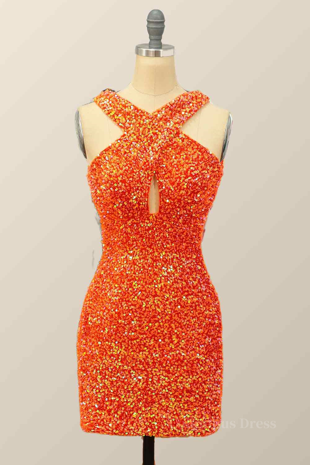 Orange Sheath Halter Sequins Cut-Out Mini Corset Homecoming Dress outfit, Formal Dress Wear For Ladies