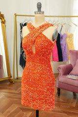Orange Sheath Halter Sequins Cut-Out Mini Corset Homecoming Dress outfit, Formal Dresses Long Elegant Classy