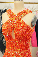 Orange Sheath Halter Sequins Cut-Out Mini Corset Homecoming Dress outfit, Formal Dresses Off The Shoulder