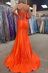 Orange Sheath Long Corset Prom Dress with Slit Gowns, Orange Sheath Long Prom Dress with Slit