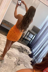 Orange Short Tight Corset Homecoming Dress with Lace Beading outfit, Orange Short Tight Homecoming Dress with Lace Beading