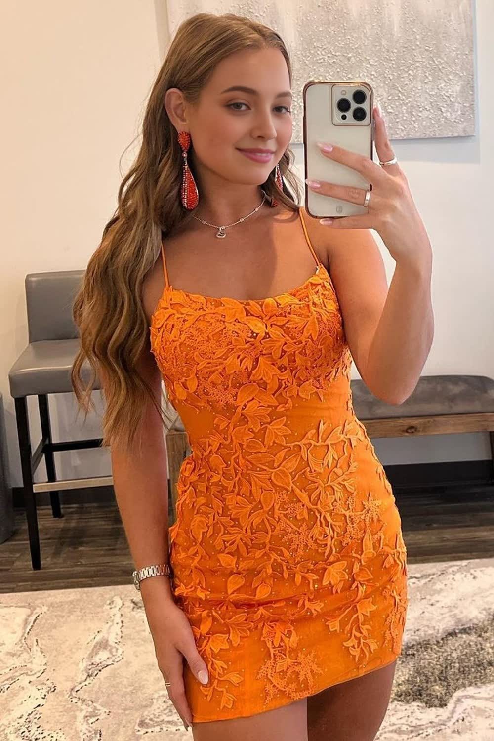 Orange Short Tight Corset Homecoming Dress with Lace Beading outfit, Orange Short Tight Homecoming Dress with Lace Beading