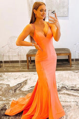 Orange Spaghetti Straps Blackless Mermaid Corset Prom Dress outfits, Orange Spaghetti Straps Blackless Mermaid Prom Dress