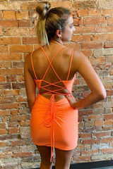 Orange Spaghetti Straps Corset Homecoming Dress outfit, Orange Spaghetti Straps Homecoming Dress