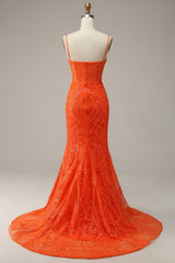 Orange Spaghetti Straps Mermaid Corset Prom Dress outfits, Orange Spaghetti Straps Mermaid Prom Dress