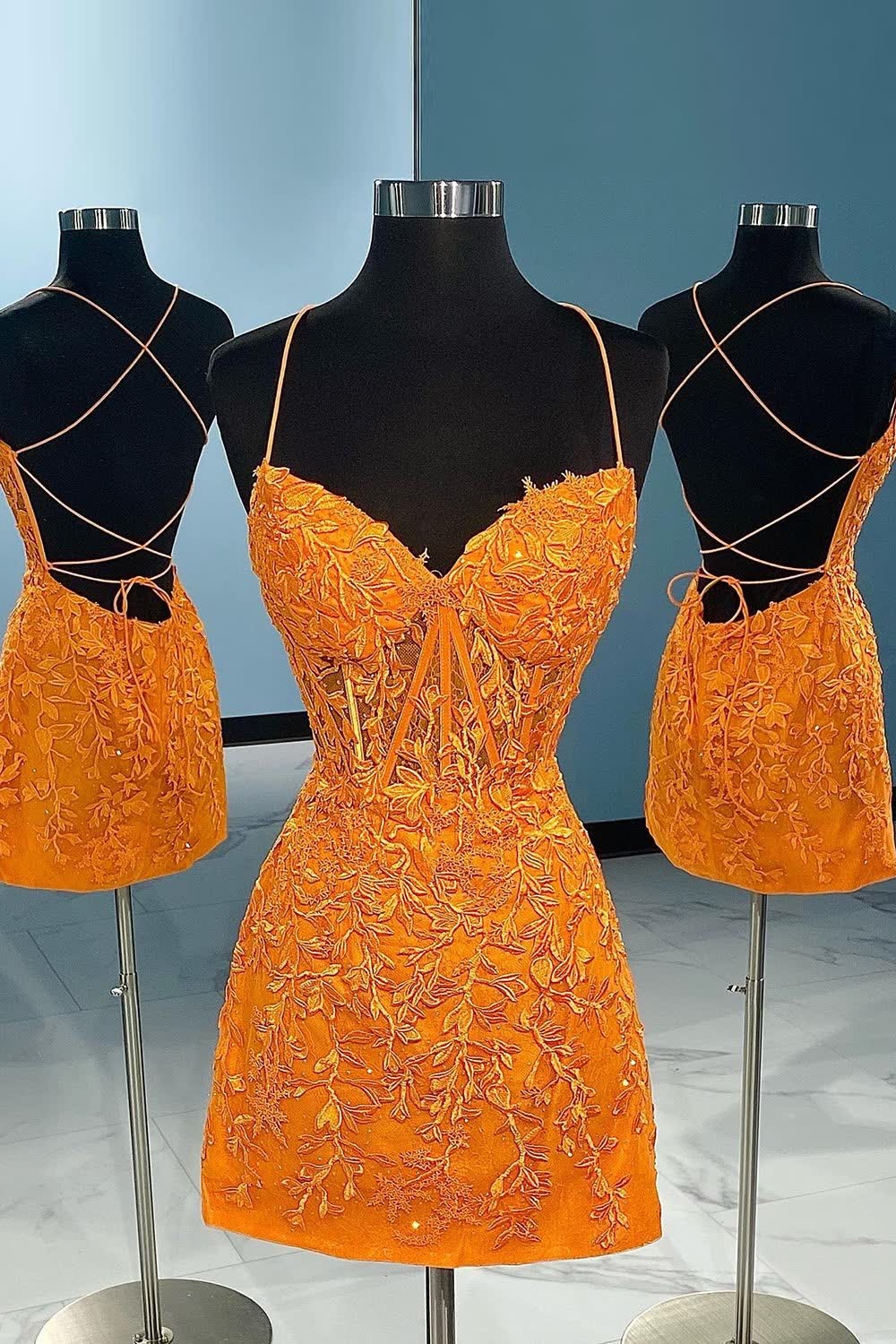 Orange Spaghetti Straps Tight Short Corset Homecoming Dress with Appliques Gowns, Orange Spaghetti Straps Tight Short Homecoming Dress with Appliques