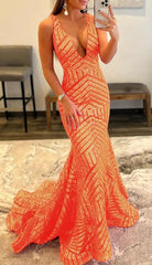 Orange Sparkly Deep V Neck Sequin Mermaid Corset Prom Dress outfits, Orange Sparkly Deep V Neck Sequin Mermaid Prom Dress