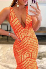 Orange Sparkly Deep V Neck Sequin Mermaid Corset Prom Dress outfits, Orange Sparkly Deep V Neck Sequin Mermaid Prom Dress