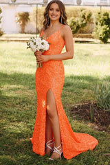 Orange Sparkly Mermaid V Neck Sequins Long Corset Prom Dress outfits, Orange Sparkly Mermaid V Neck Sequins Long Prom Dress