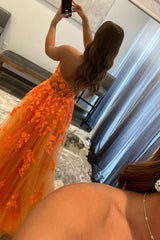 Orange Sweetheart Long Corset Prom Dress with Appliques Gowns, Orange Sweetheart Long Prom Dress with Appliques