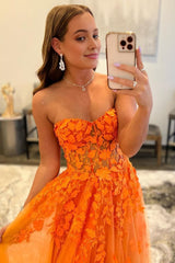 Orange Sweetheart Long Corset Prom Dress with Appliques Gowns, Orange Sweetheart Long Prom Dress with Appliques