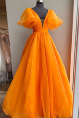 Orange V-Neck Long Corset Prom Dress, A-Line Short Sleeve Evening Dress outfit, Formal Dress Places Near Me