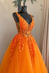 Orange V-Neck Tulle Lace Long Corset Prom Dress, A-Line Backless Evening Dress outfit, Corset Dress