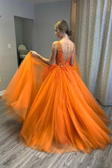 Orange V-Neck Tulle Lace Long Corset Prom Dress, A-Line Backless Evening Dress outfit, Red Carpet Dress