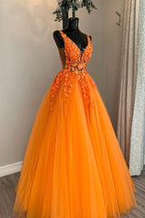 Orange V-Neck Tulle Lace Long Corset Prom Dress, A-Line Backless Evening Dress outfit, Evening Dress