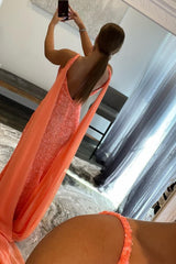 Orange Watteau Train Sequins Long Corset Prom Dress outfits, Orange Watteau Train Sequins Long Prom Dress