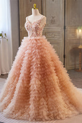 Orange pink Sequined A-line Multi-Layers Slip Long Corset Prom Dress outfits, Prom Dresses Yellow
